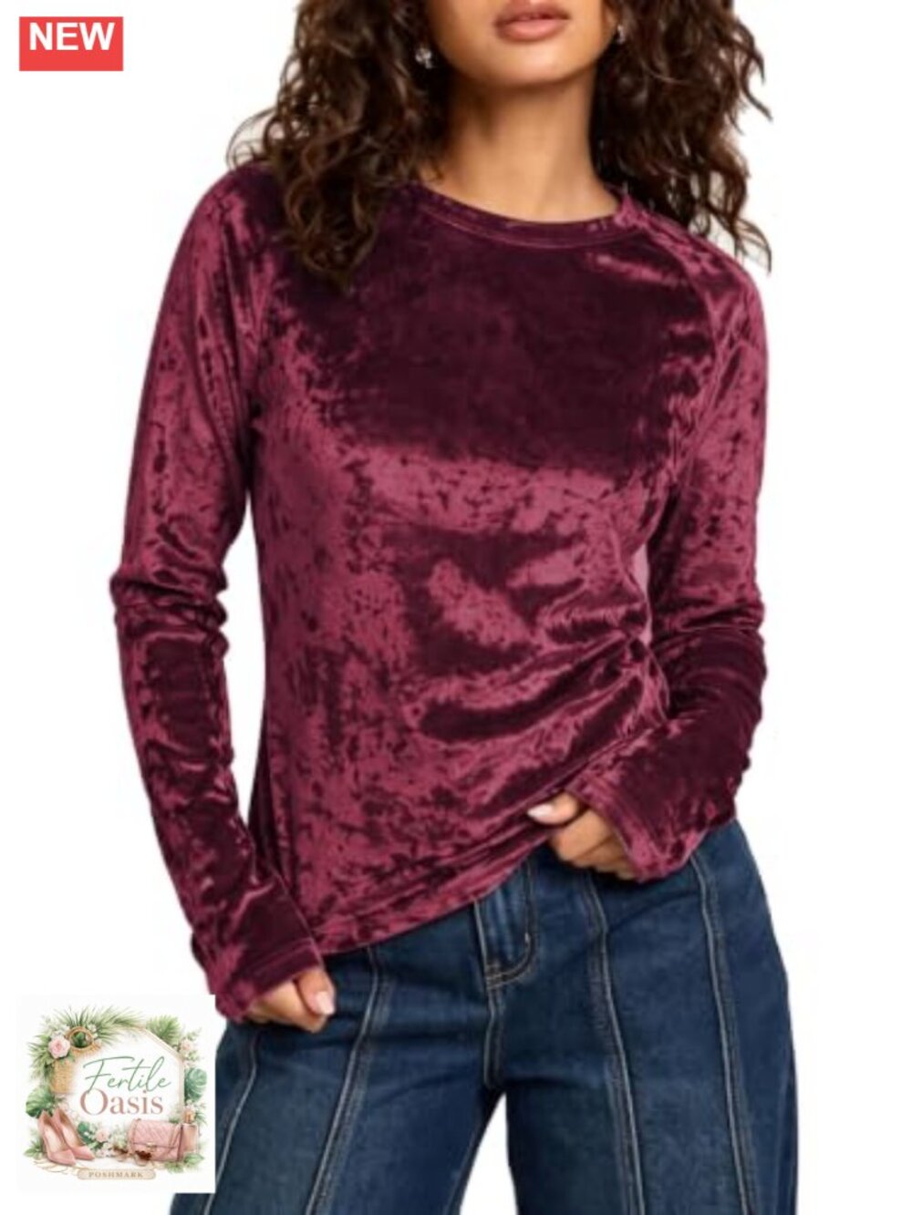 Women's Vintage Velvet Long Sleeve Crewneck Casual Relaxed Fit Top